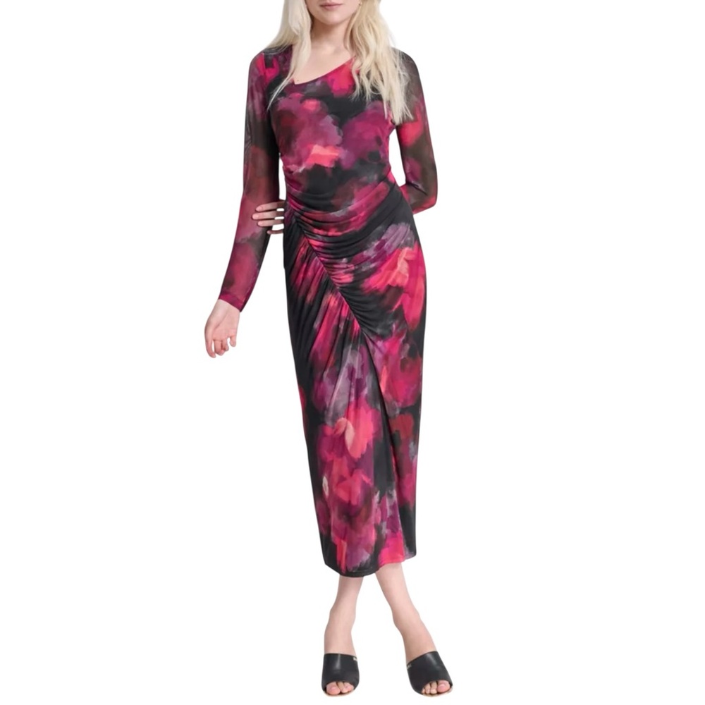 DKNY Women's Dress Plus Sz 20W Ruched Long Sleeve Floral Cocktail Party Wedding